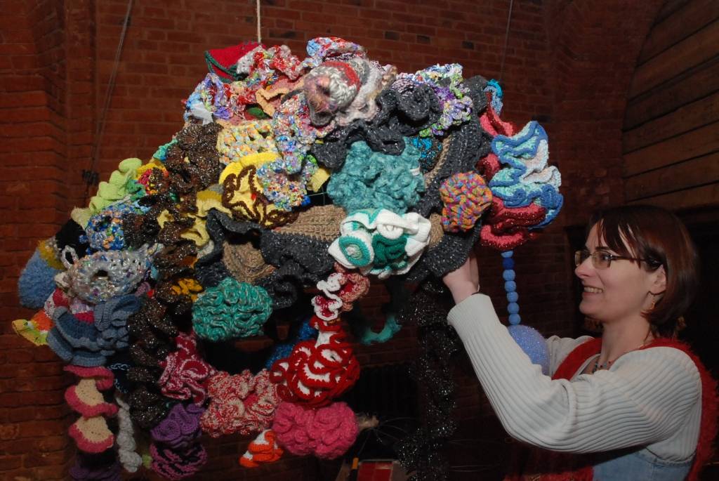 Pie galerijas “Promenāde” sienām un griestiem viens pēc otra izkārtoti neparasti darbi. Telpiski tamborējumi, savienoti grupās vai piestiprināti rāmim, atgādina zemūdens pasauli un visās krāsās vizošos koraļļus. 

Pasaules mēroga projekts...