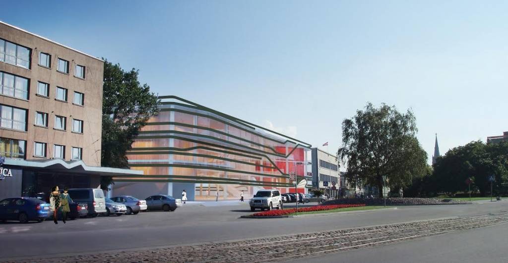 Projektētāja SIA „K Idea” piedāvātās „Rožu galerijas” jaunās būvniecības ieceres vizualizācija.
