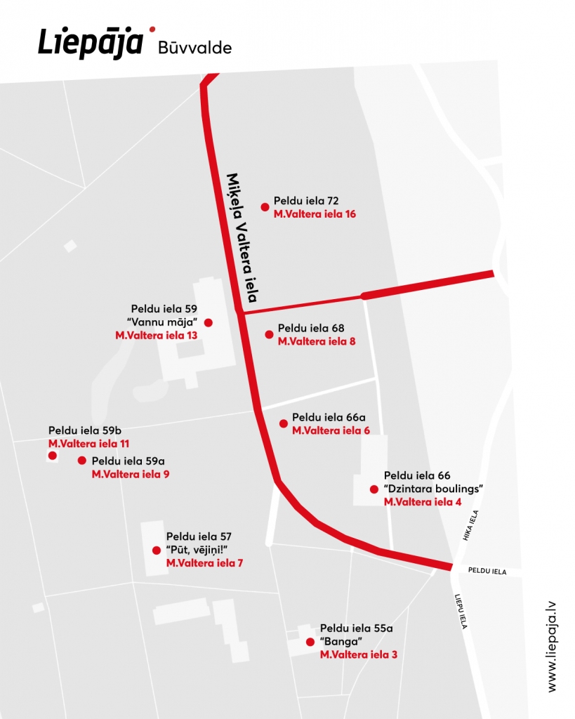 Visiem īpašumiem M. Valtera ielā tagad ir piešķirtas adreses. Kartē attēlotas gan iepriekšējās, pirms nosaukuma maiņas, gan - tagadējās adreses.
Autors: Būvvaldes infogfrafika