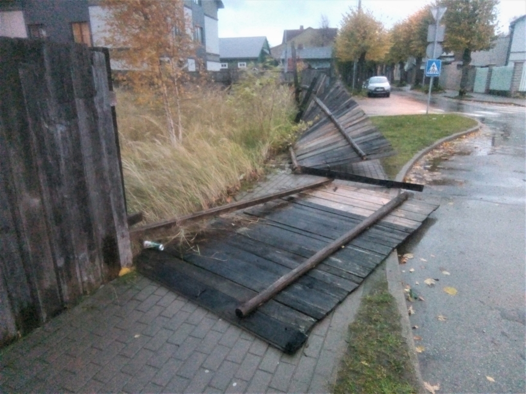 Ceturtdienas vakarpusē Liepājā vējš bija izgāzis žogu. 
Autors: Uldis Dobelis